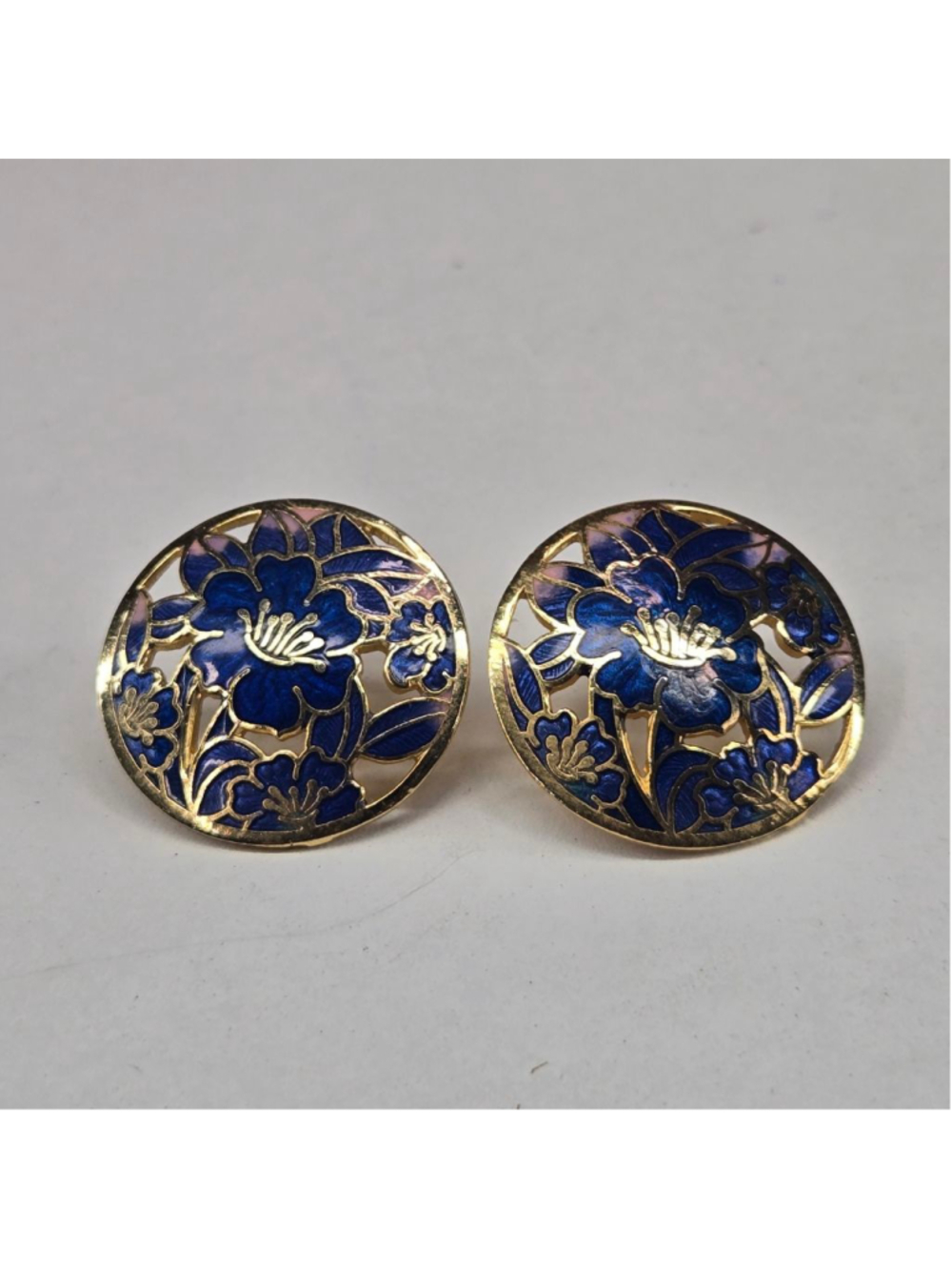 Women's Cloisonné Post Earrings Blue Purple Gold Floral Enamel 1 inch Round